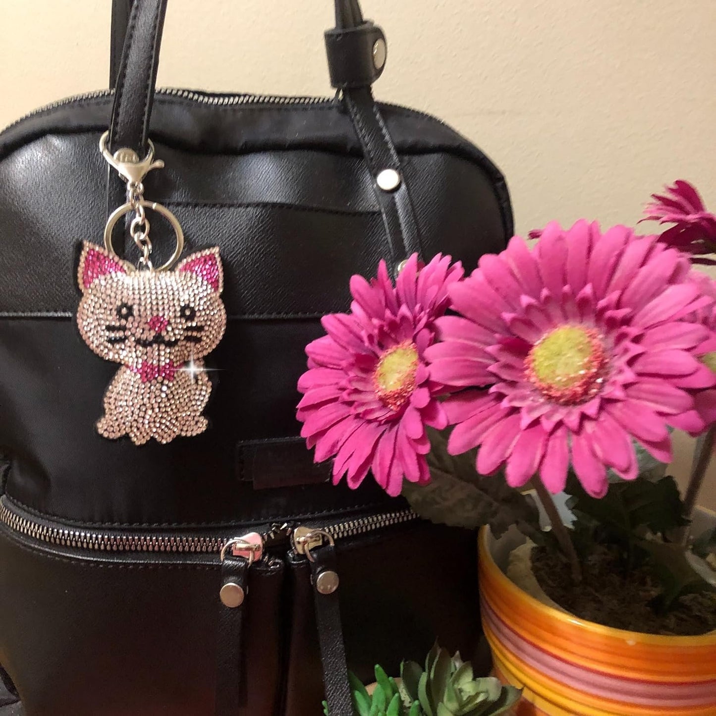 Popfizzy Pink Rhinestone Cat Keychain Accessories for Women, Cat Gifts, Purse Charms for Handbags, Bling Cat Backpack CharmsHandbags