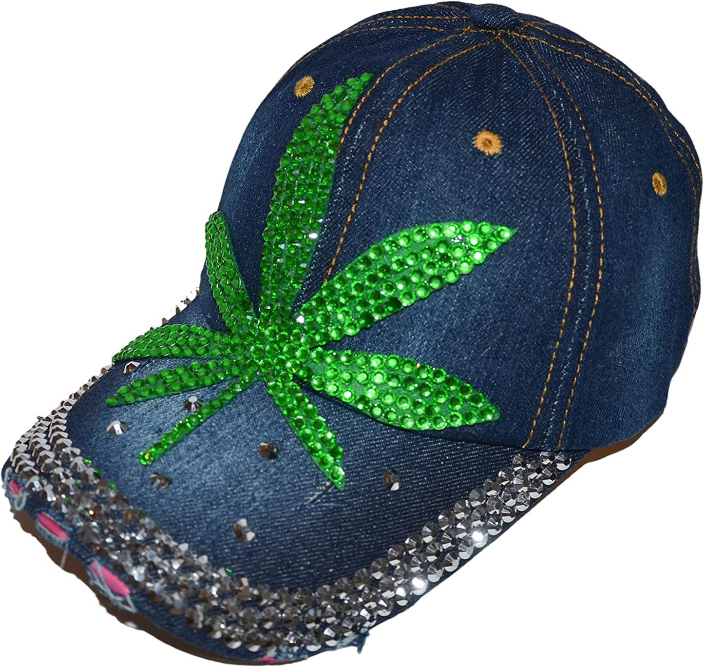 Popfizzy Rhinestone Weed Hat, Women’s Bling Pot Leaf Hats, Marijuana Denim Baseball Caps, Cannabis Cap (Weed Leaf, Denim)
