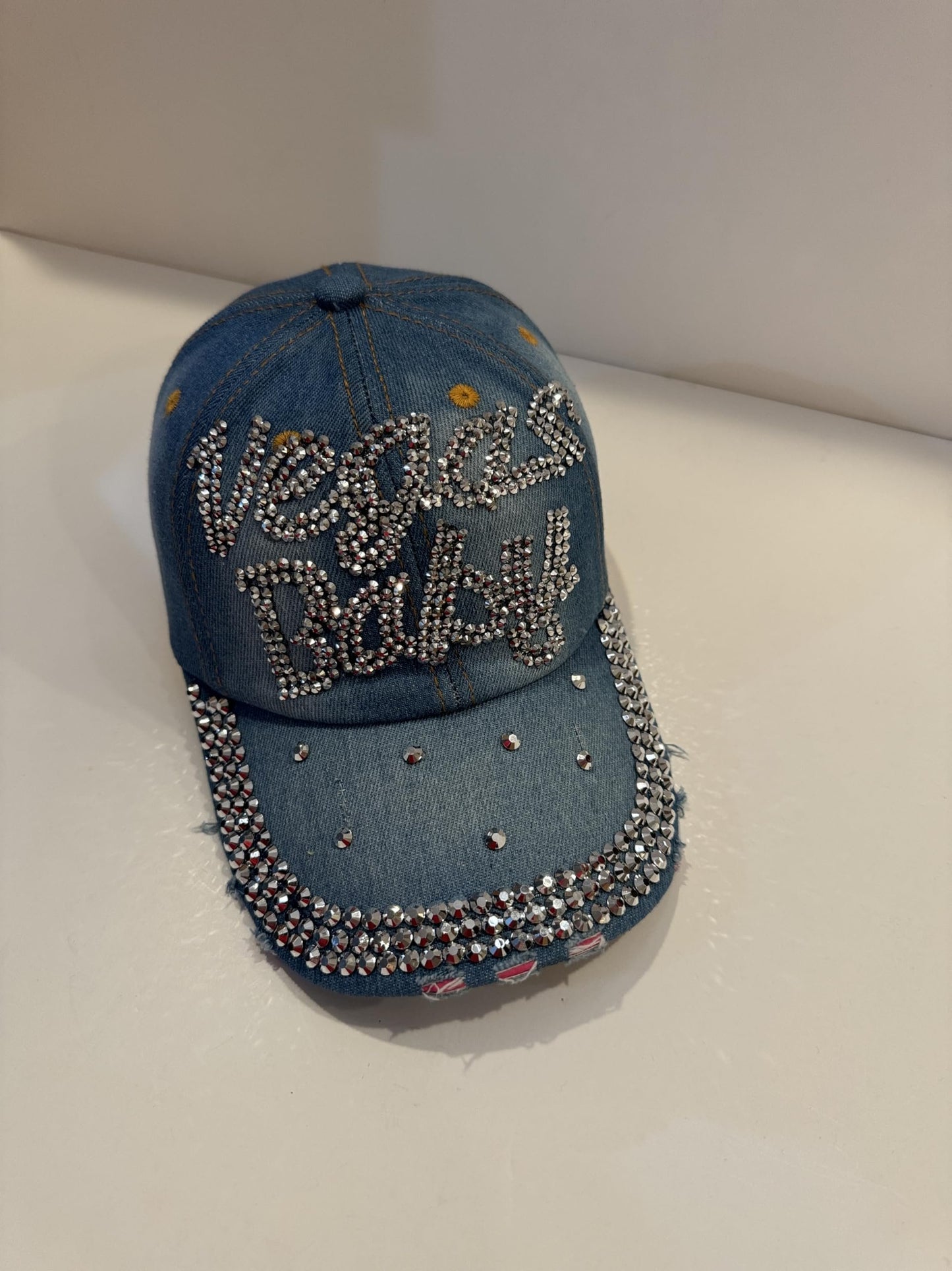 Vegas Baby Rhinestone Trucker Hat - Bling Blue Las Vegas Denim Cap for Women