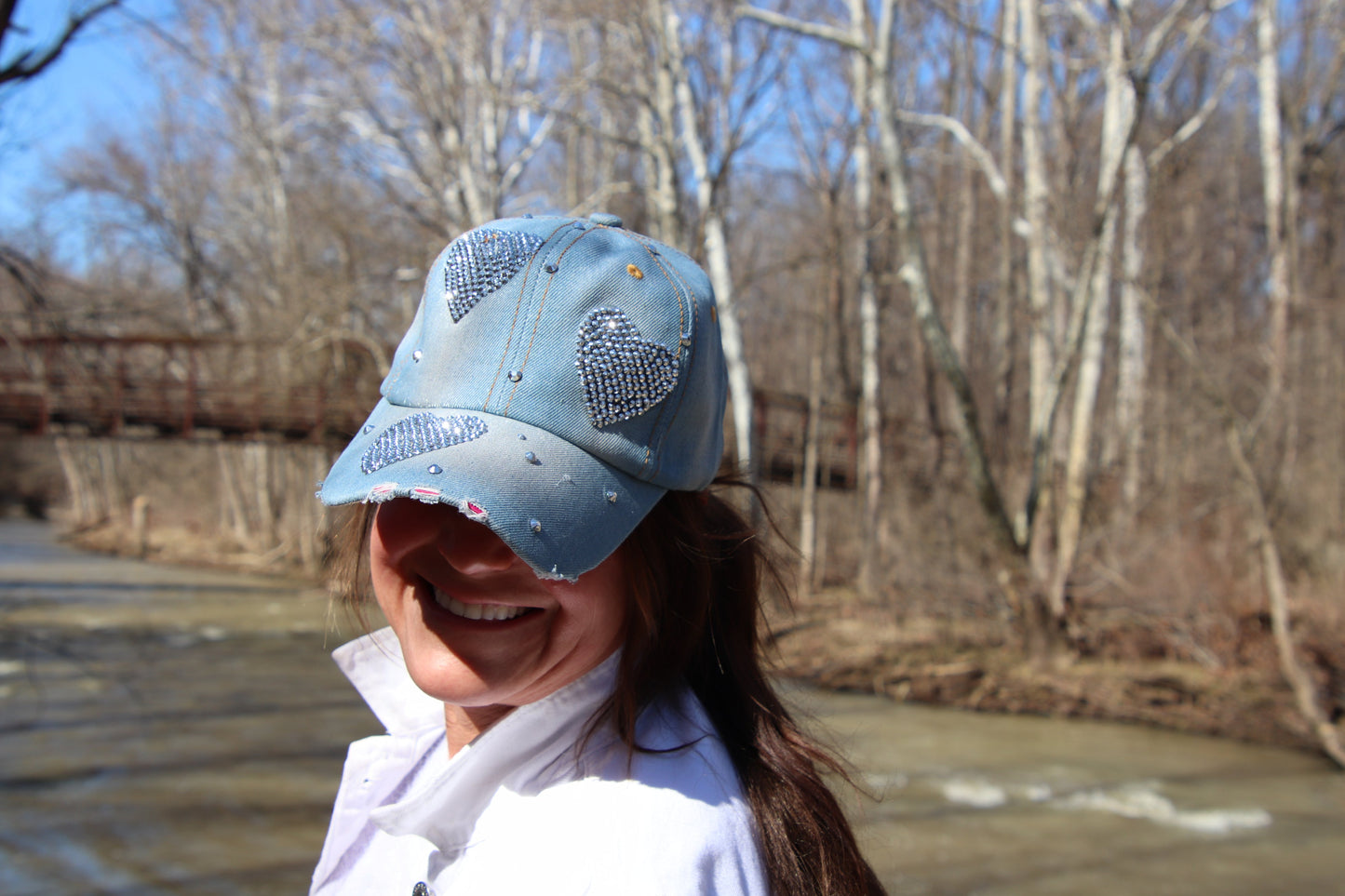 Heart Baseball Cap, Bling Caps for Women and Teenage Girls, Rhinestones Distressed Denim Trucker Hat, Bedazzled Love Cap, Best Friend Gift