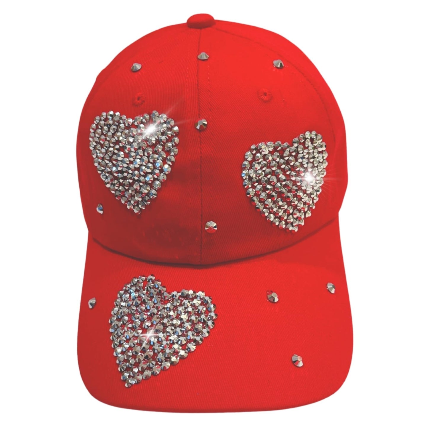 Popfizzy Rhinestone Baseball Cap for Women and Girls, Cute Bedazzled Hats, Shiny Bling Denim and Diamond Hat, Red Heart