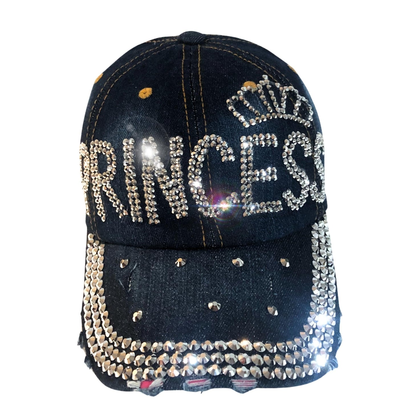 Bling Princess with Crown Rhinestone Hat for Women, Bedazzled Denim Blue, One Size Fits All
