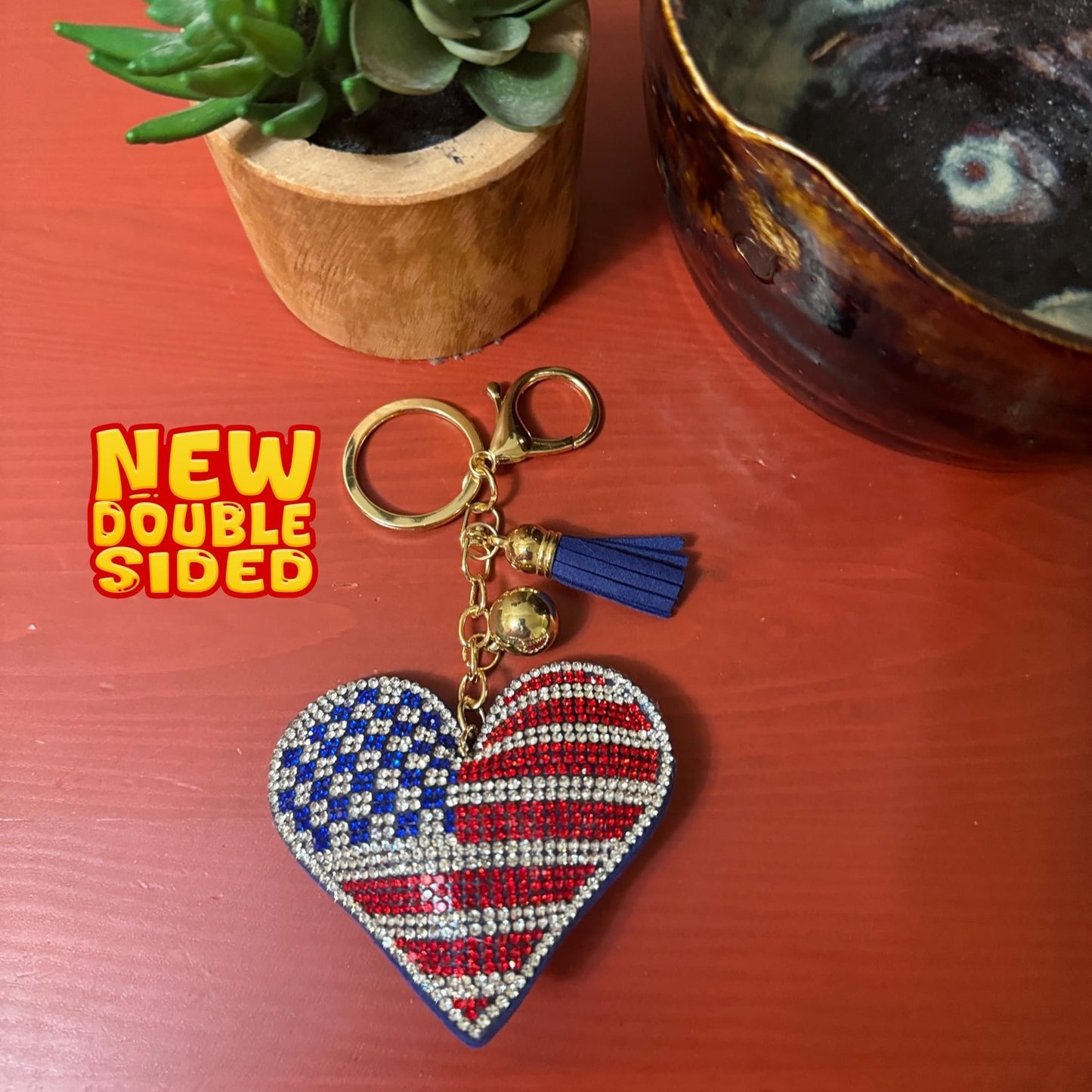 Popfizzy Bling American Flag Keychain for Women and Girls, Purse Charm, Heart Bag Charm, American Flag Gifts, Double Sided
