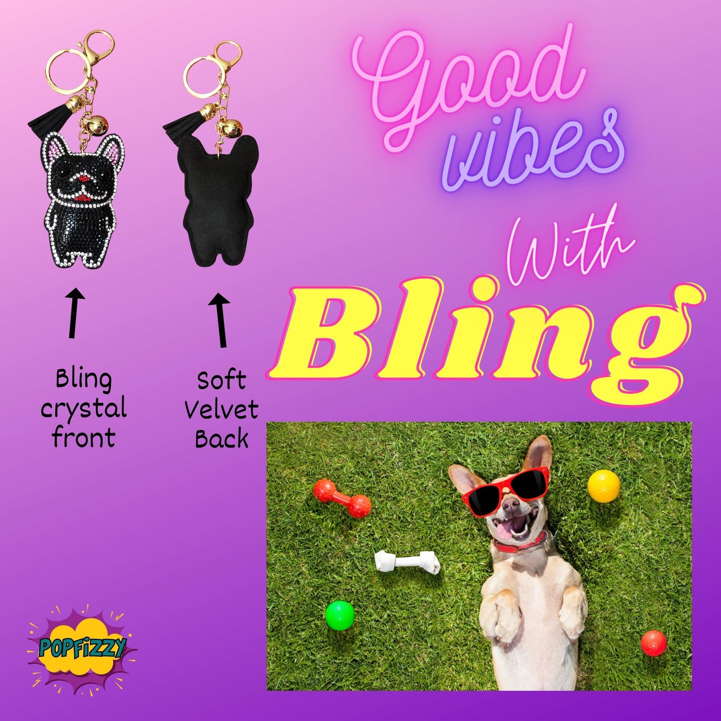 Popfizzy Handmade Black French Bulldog Keychains for Women, Rhinestone Purse Charms for Handbags, Dog Gifts for Dog Lovers