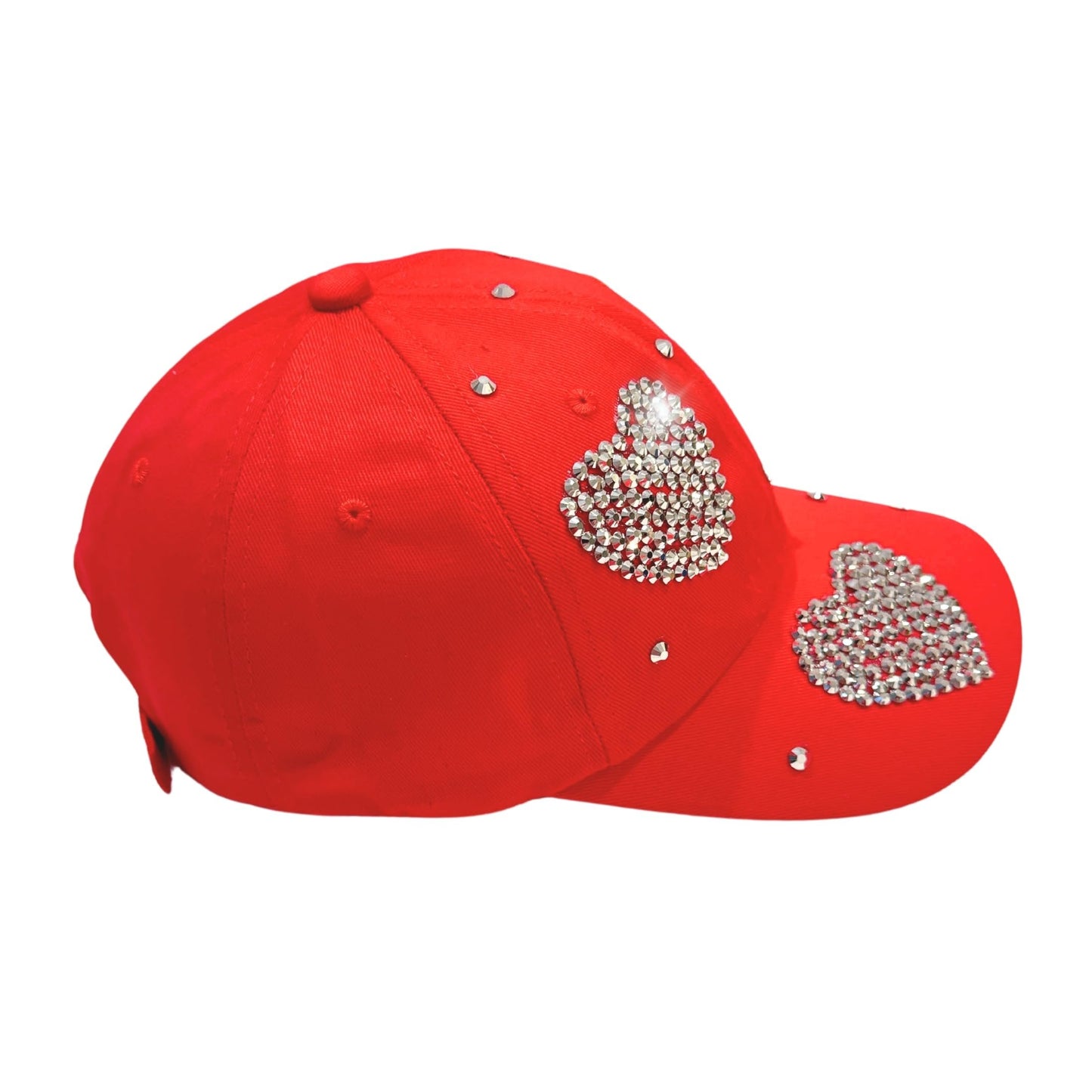 Popfizzy Rhinestone Baseball Cap for Women and Girls, Cute Bedazzled Hats, Shiny Bling Denim and Diamond Hat, Red Heart