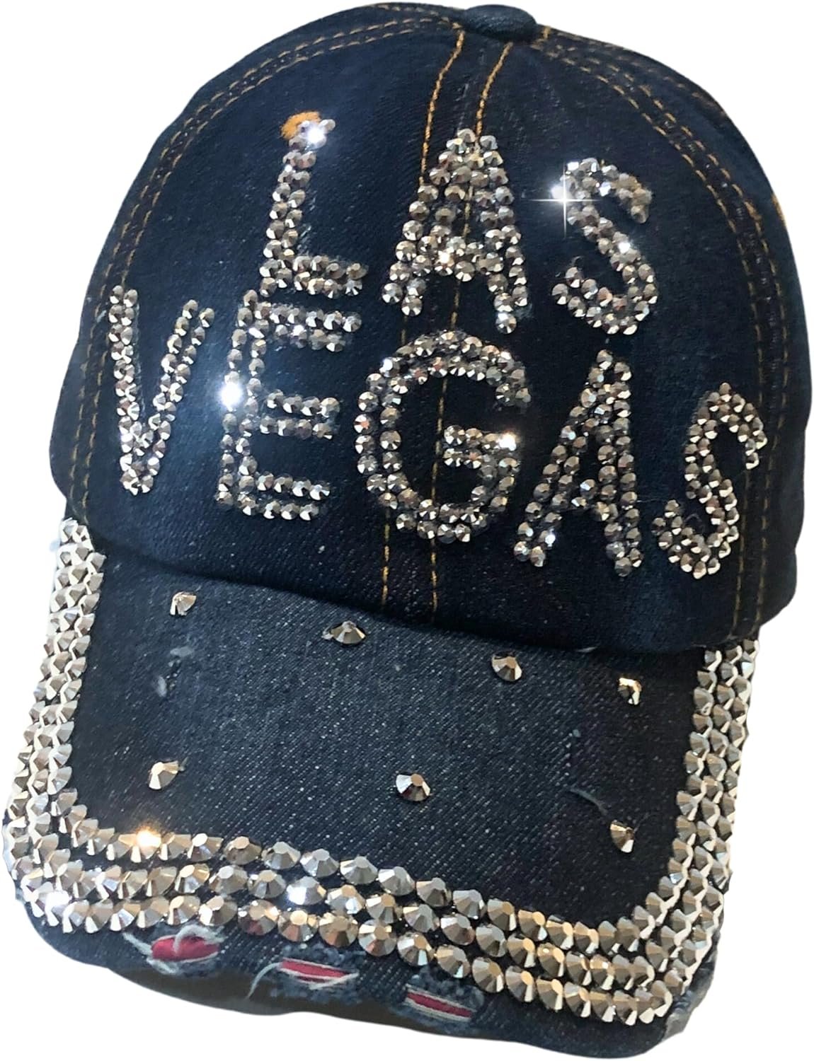 Popfizzy Las Vegas Hat for Women, Adult Distressed Bling Denim Blue Hat
