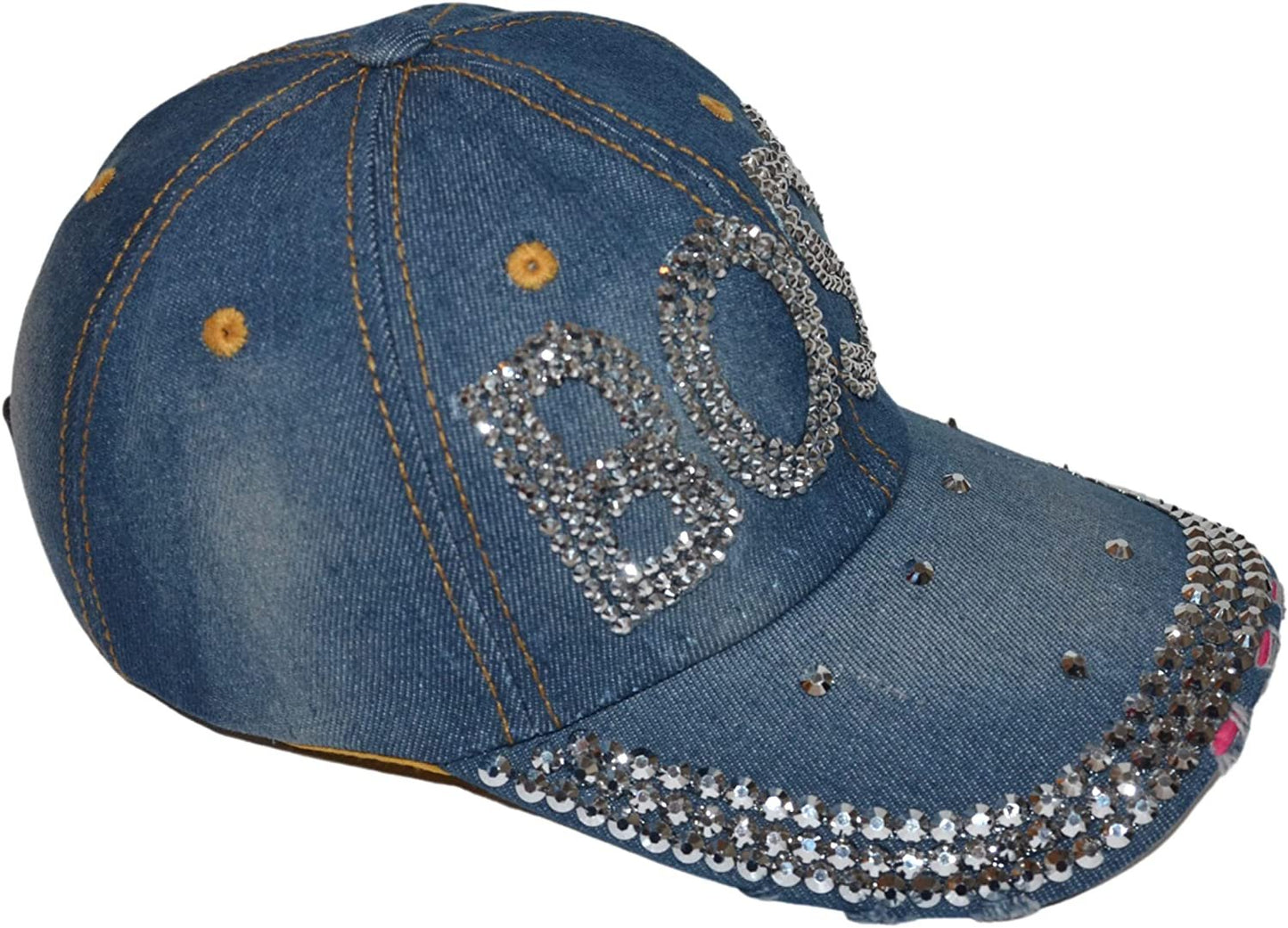 Popfizzy Bling Boss Hat for Women, Fun Rhinestone Baseball Cap, Bejeweled Distressed Denim Hat, Bling Gifts for Women