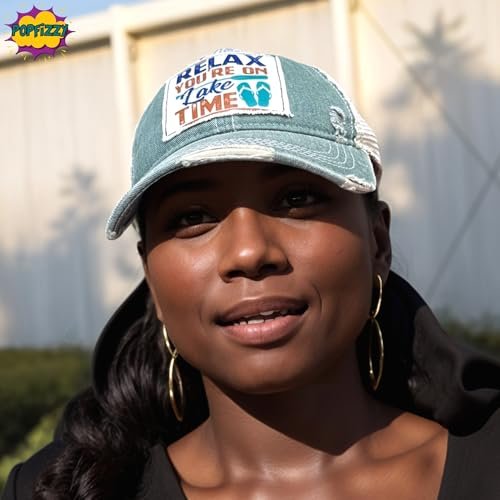Popfizzy Relax You're on Lake Time Hat, Vintage Trucker Hat, Mesh Back Baseball Cap, Fun Lake Life Gifts for Women and Men