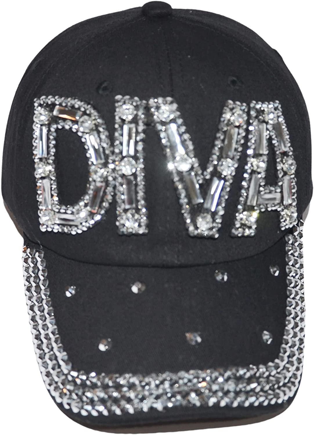 Popfizzy Women’s Rhinestone Diva Hat, Adult Bling Black Baseball Cap