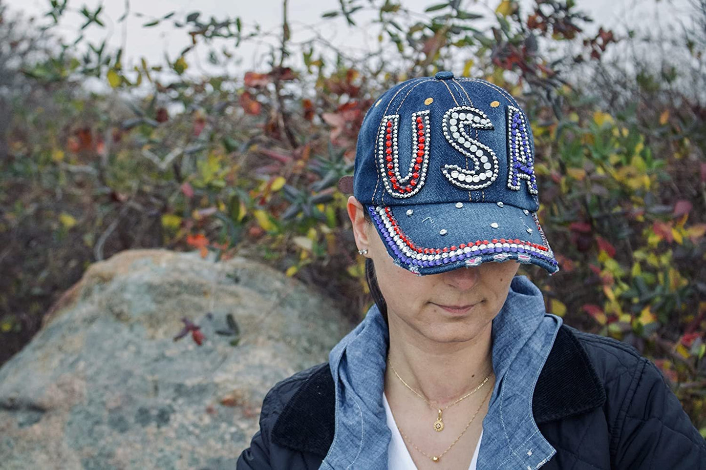 USA Hat Women’s Distressed Bling Rhinestone Patriotic Baseball Cap
