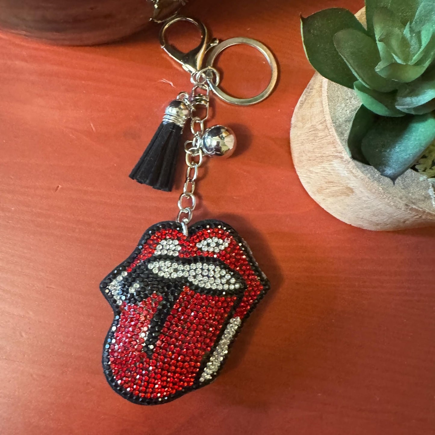 Popfizzy Red Tongue Keychain Accessories for Women and Girls, Backpack Hot Lips Key Chain, Handmade Rhinestone Purse Charms