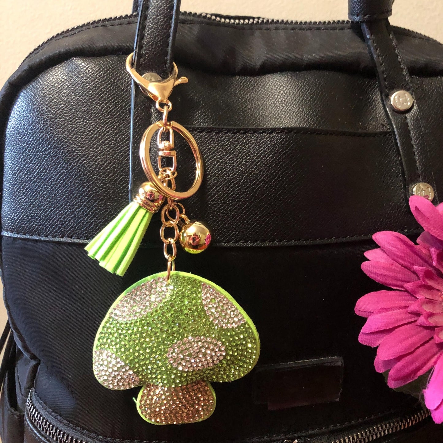 Popfizzy Rhinestone Green Mushroom Keychain for Women, Sparkly Mushroom Purse Charm, Bling Shroom Gifts for Women
