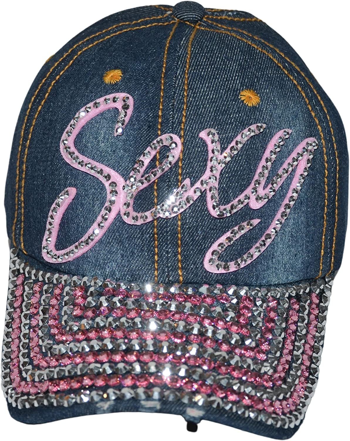 Popfizzy Rhinestone Sexy Hat for Women, Bling Denim Baseball Cap with Words, Fancy Ballcap