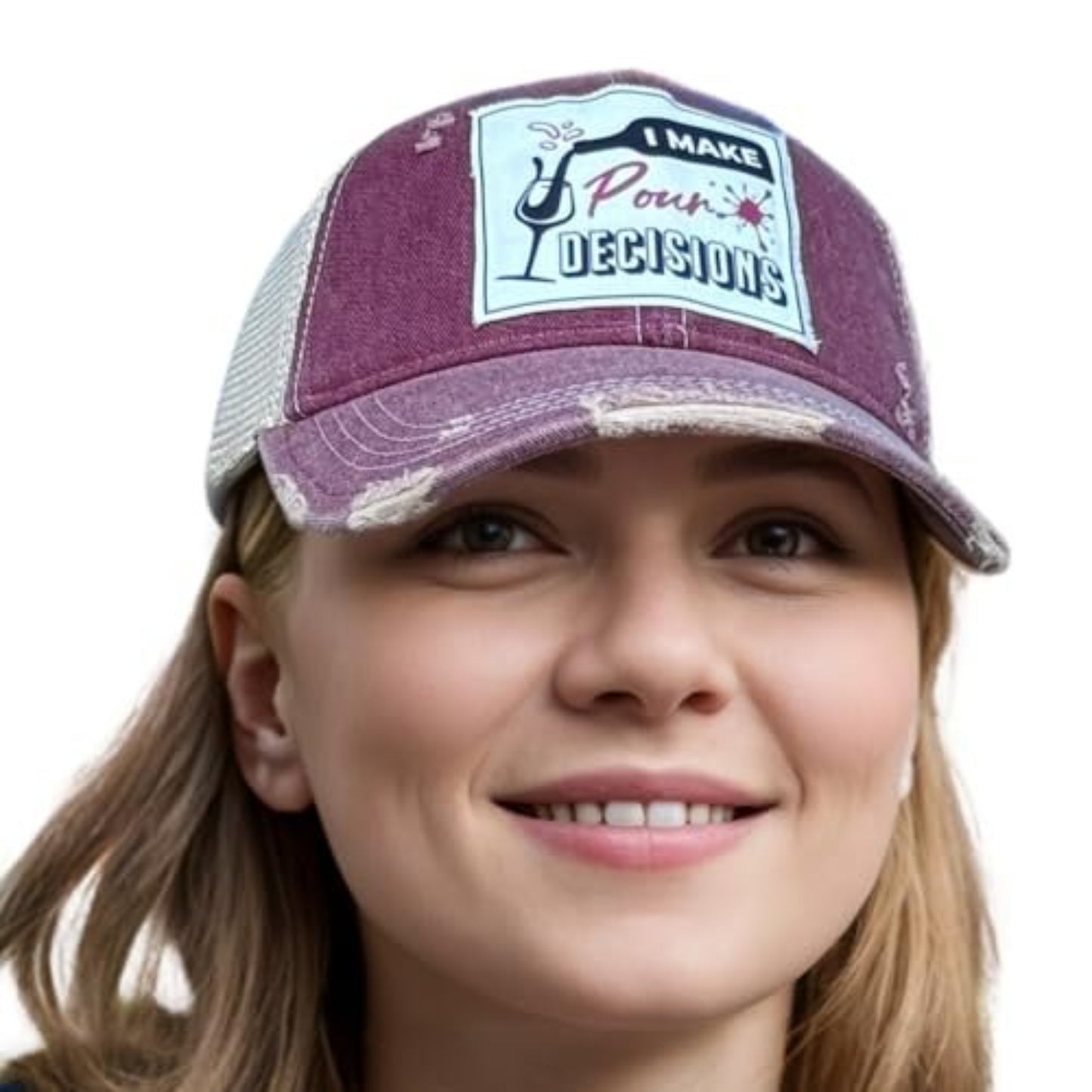 Popfizzy Funny Vintage Trucker Hats for Wine Drinkers, Adult Humor Caps, Distressed Baseball Cap (I Make Pour Decisions)