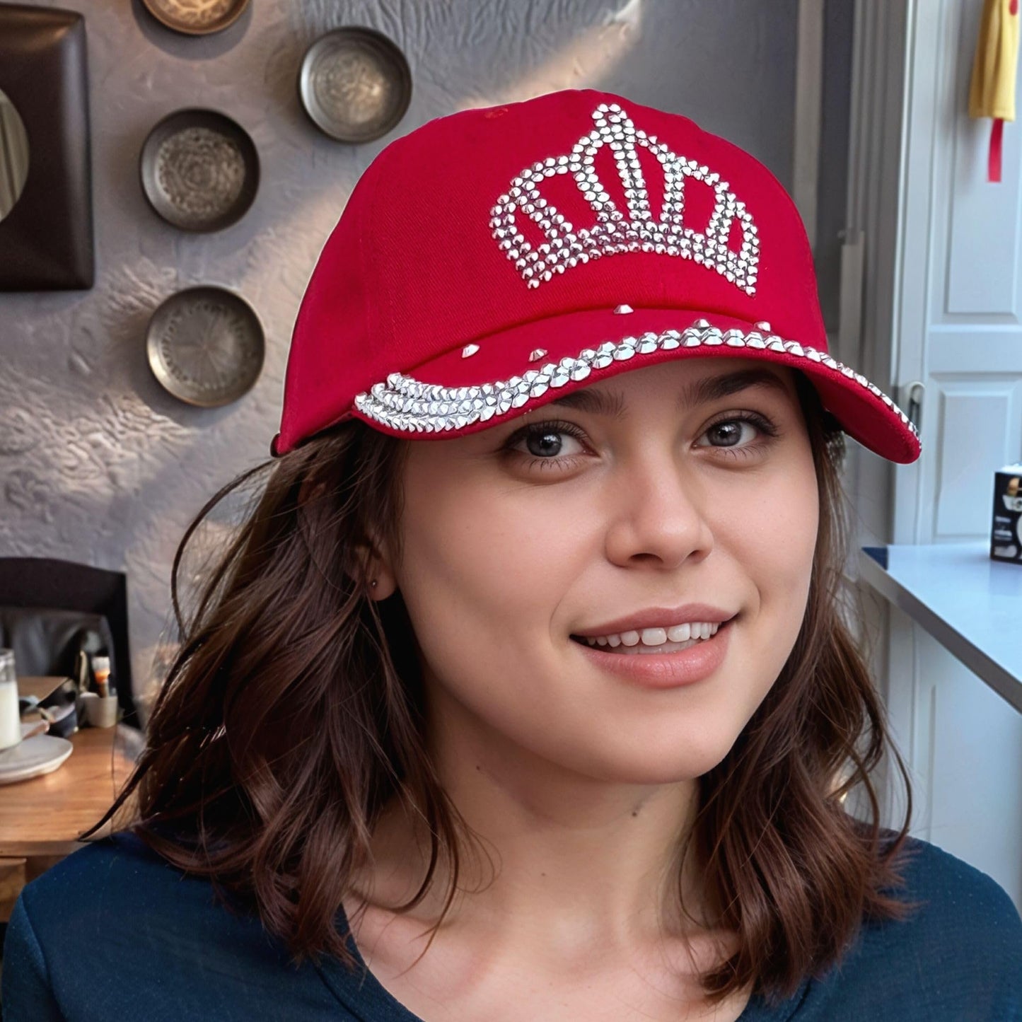 Red Rhinestone Princess Crown Hat, Sparkly Adjustable Baseball Cap for Women and Girls
