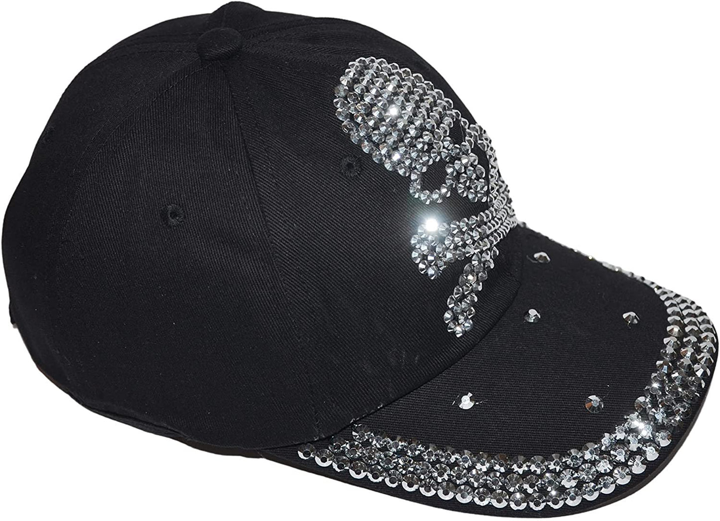 Popfizzy Skull Hat for Women and Girls, Biker Trucker Hat, Rhinestone Sparkle Bling Black Baseball Caps, Pirate Hat