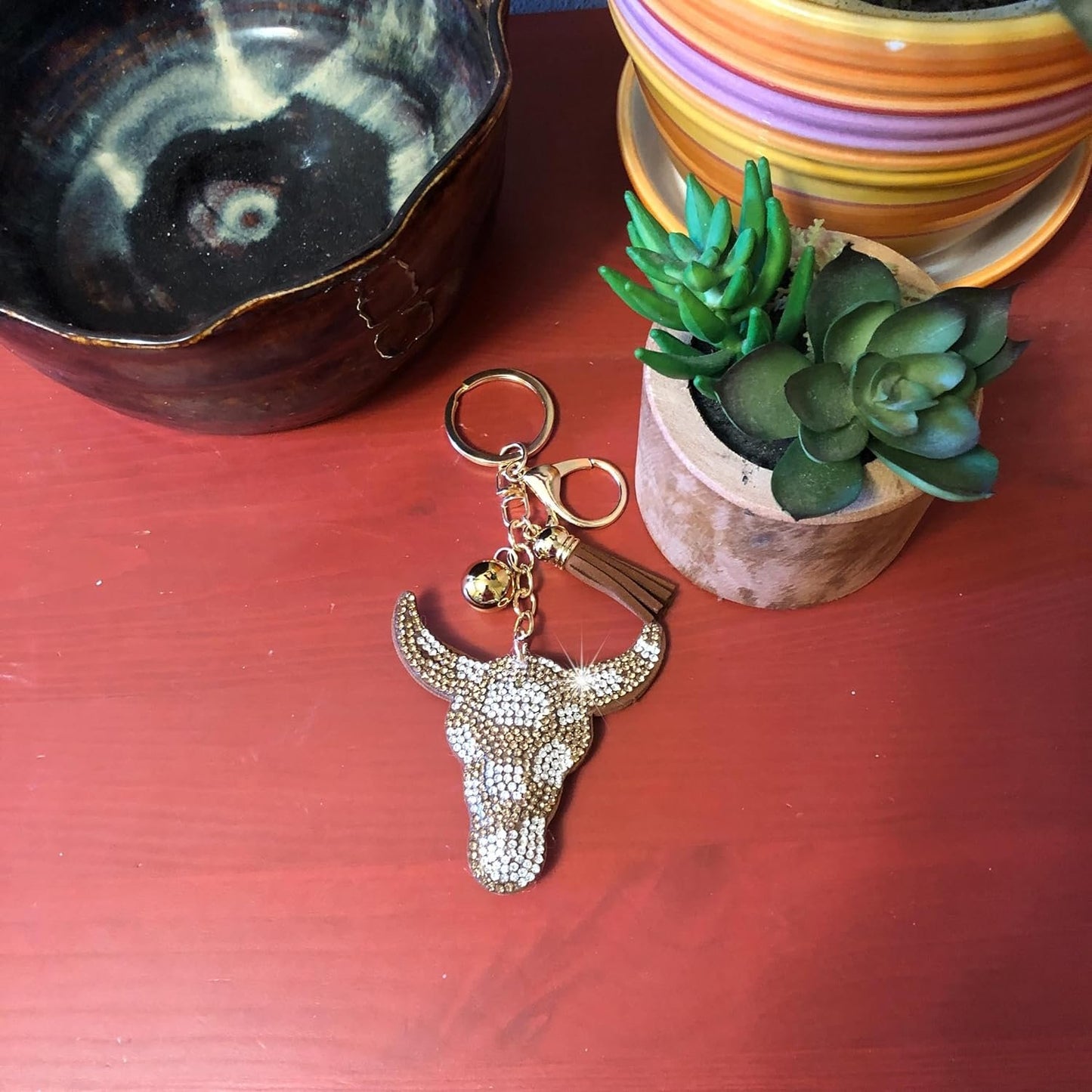 Popfizzy Handmade Bling Longhorn Keychain for Women, Western Gifts for Cowgirls, Rhinestone Bag Charm, Skull Purse Charms