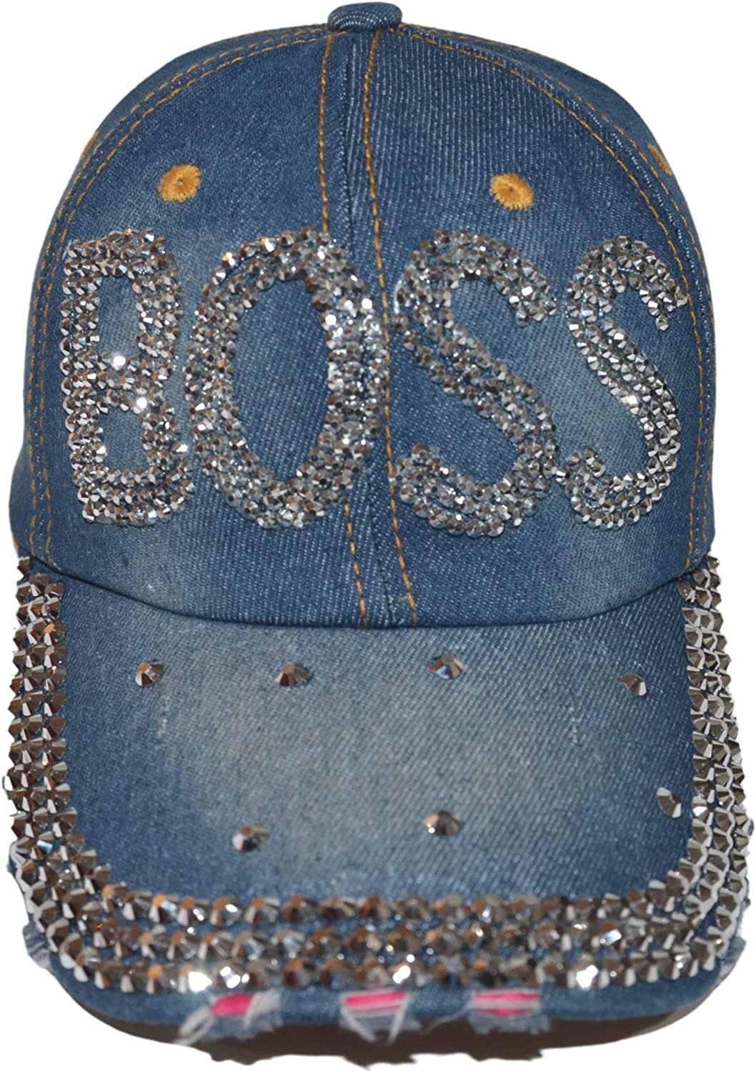 Popfizzy Bling Boss Hat for Women, Fun Rhinestone Baseball Cap, Bejeweled Distressed Denim Hat, Bling Gifts for Women