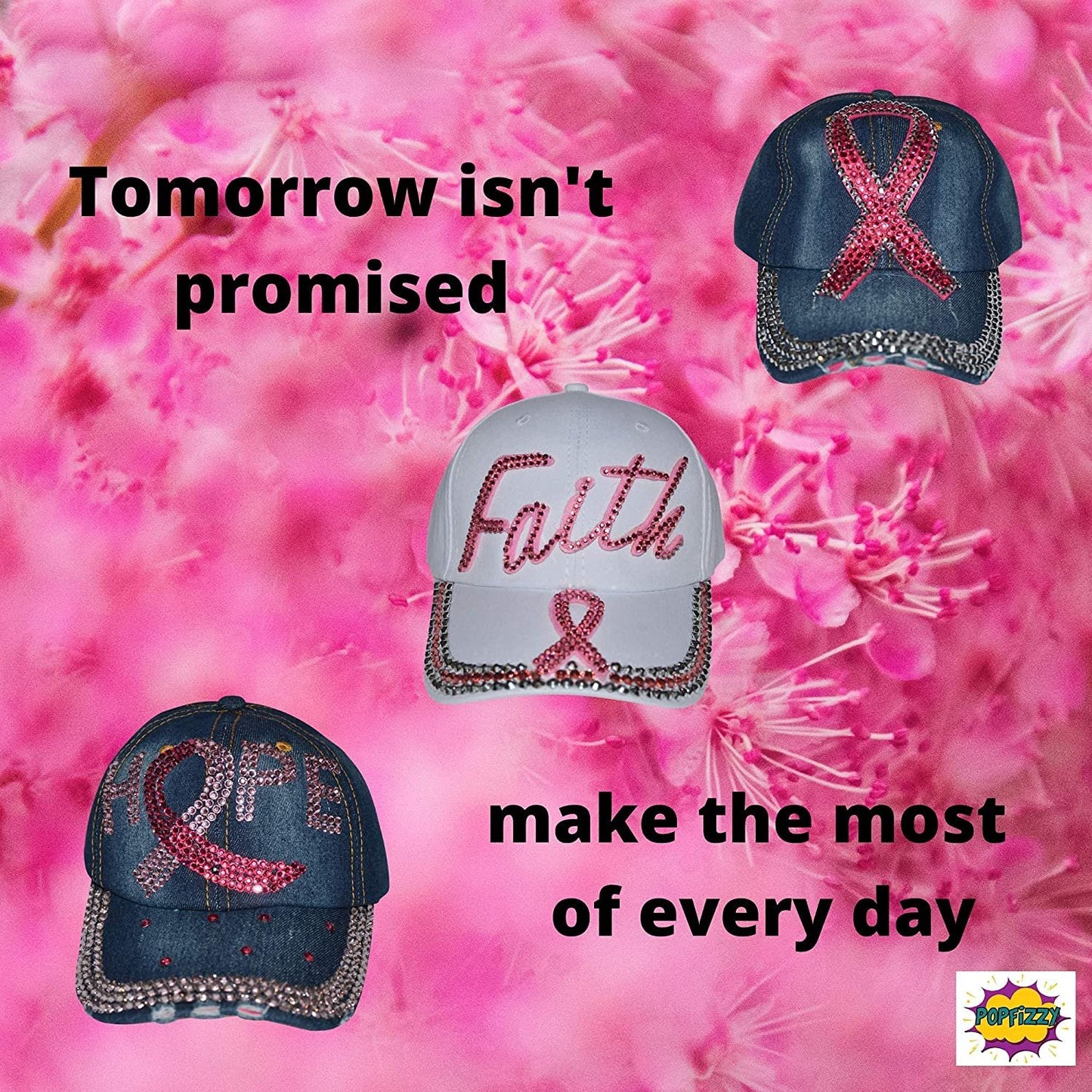 Popfizzy Women’s Faith Pink Ribbon Hat, Bling Adult Baseball Hat
