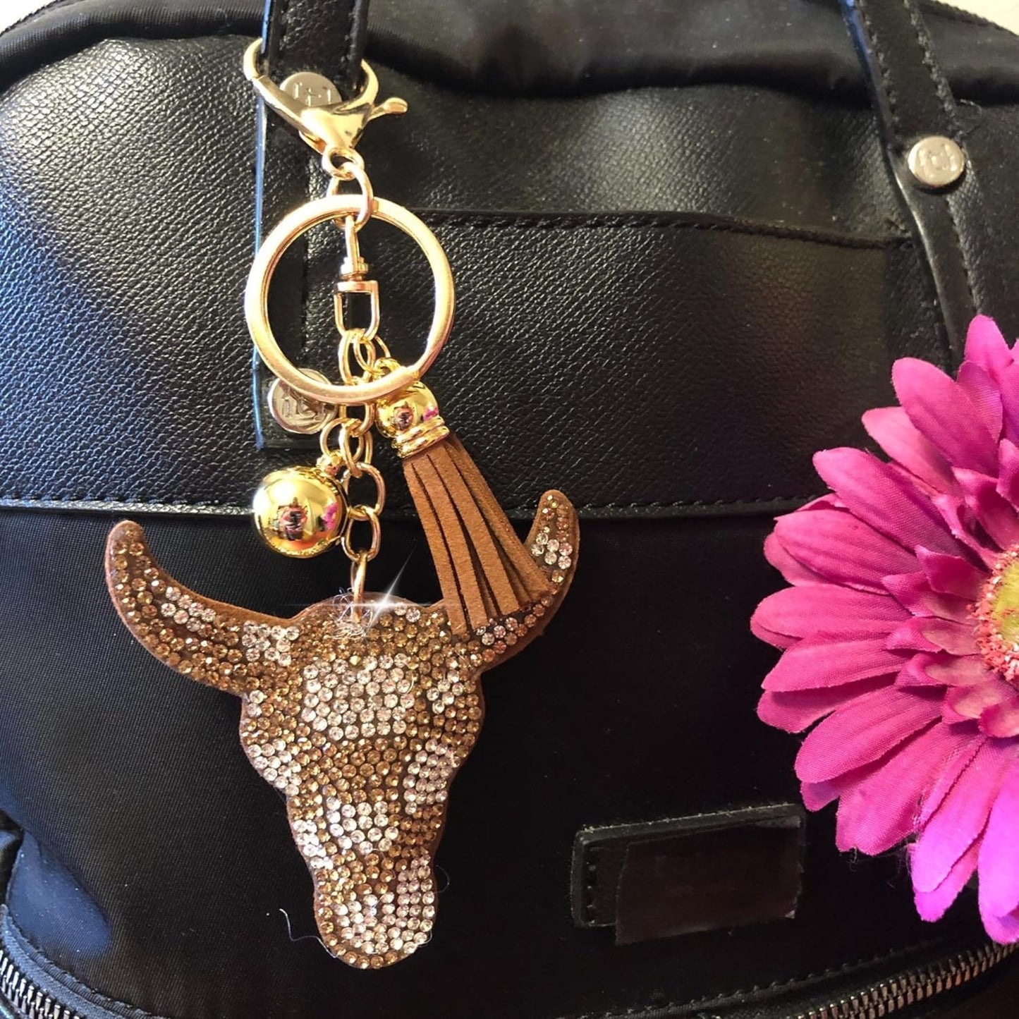 Popfizzy Handmade Bling Longhorn Keychain for Women, Western Gifts for Cowgirls, Rhinestone Bag Charm, Skull Purse Charms