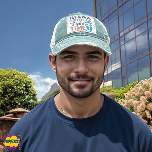 Popfizzy Relax You're on Lake Time Hat, Vintage Trucker Hat, Mesh Back Baseball Cap, Fun Lake Life Gifts for Women and Men