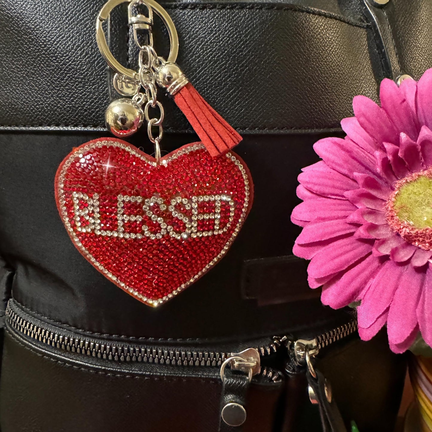 Popfizzy Red Blessed Keychain Accessories, Backpack Key Chain, Rhinestone Purse Charms for Handbags, Gift for Blessed People