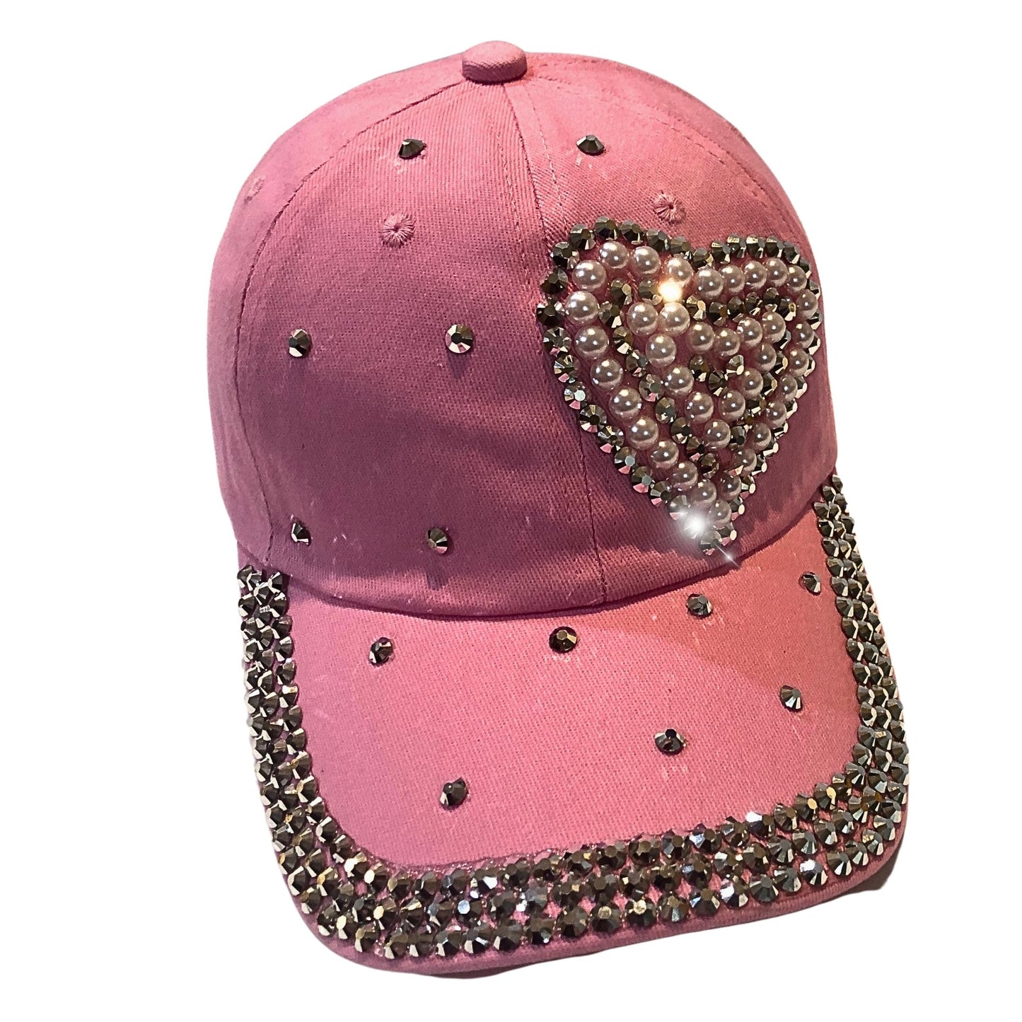Popfizzy Pearl Heart Hat with Rhinestones for Women, Bling Heart Accessories, Bedazzled Baseball Cap, Bling Gifts for Women