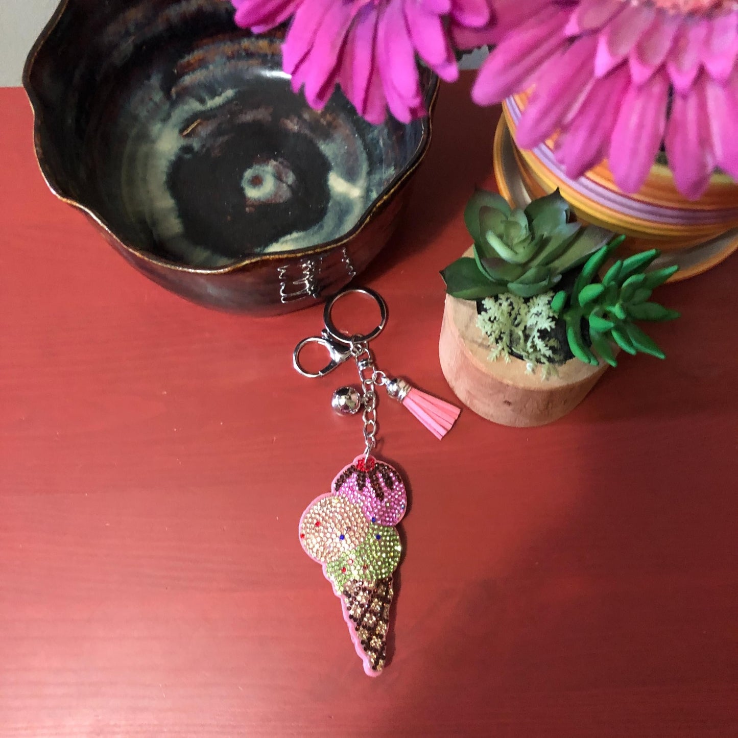 Popfizzy Rhinestone Ice Cream Keychain for Women and Girls, Ice Cream Cone Backpack Keychain, Bling Ice Cream Gifts for Women