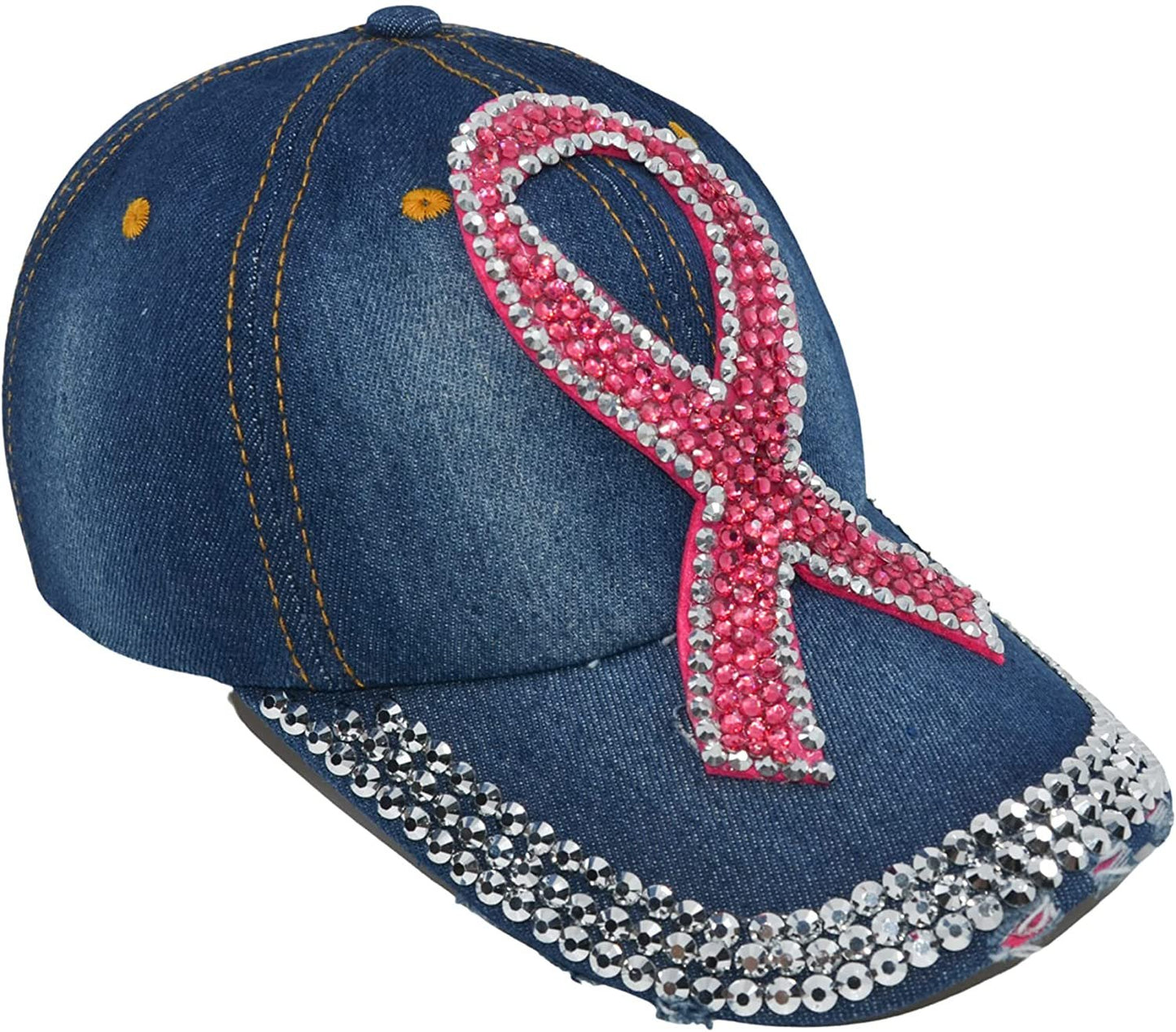 Popfizzy Women’s Distressed Rhinestone Bejeweled Cotton Baseball Hat Sparkle Bling Cap (Pink Ribbon)