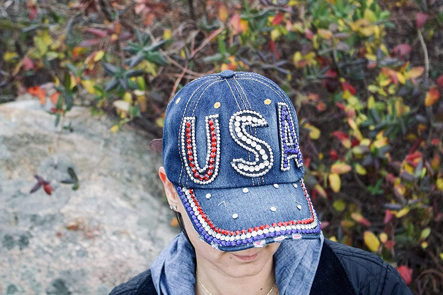 USA Hat Women’s Distressed Bling Rhinestone Patriotic Baseball Cap