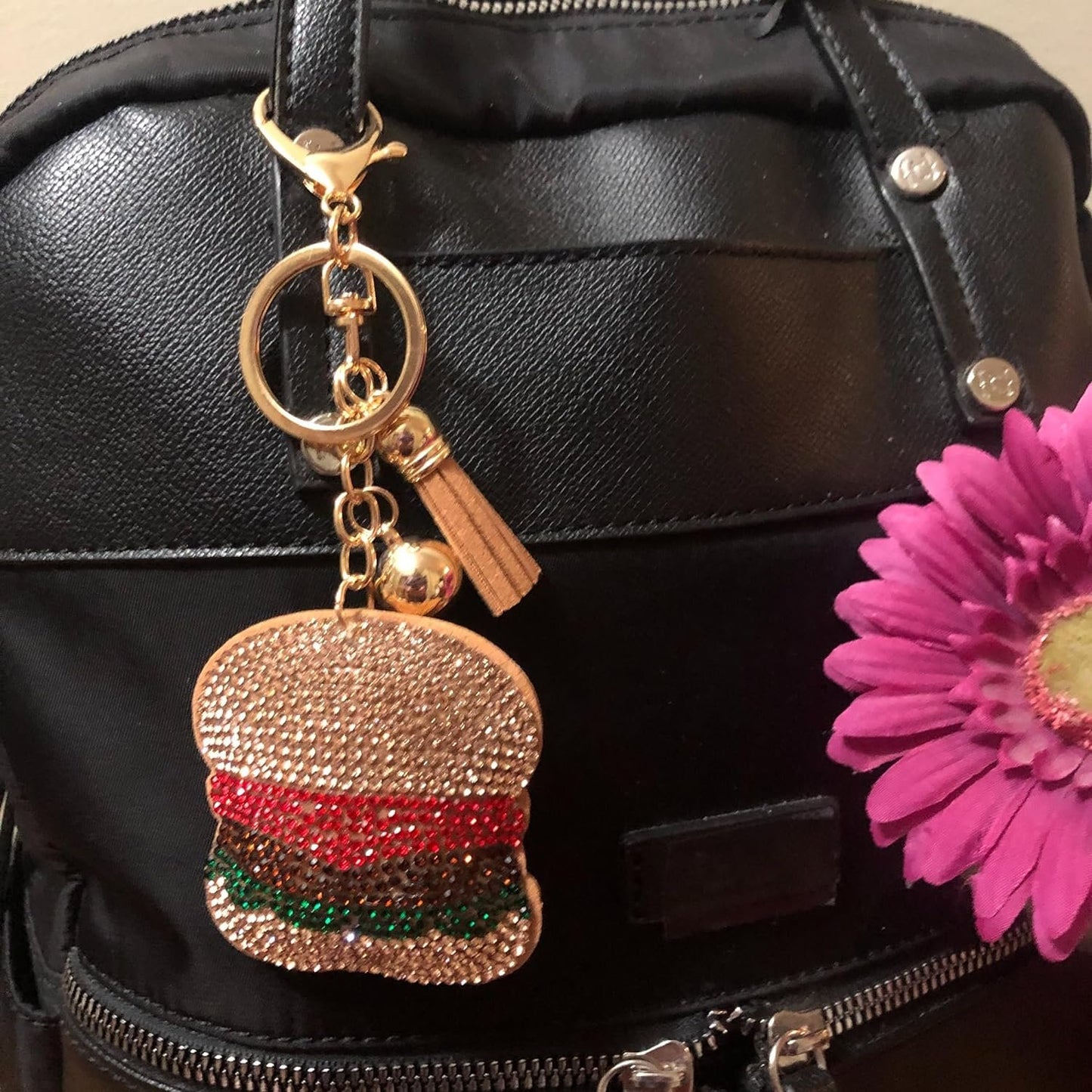 Popfizzy Bling Hamburger Keychain, Purse Charm, Backpack Charm, Crystal Bag Charms, Rhinestone Key Fob