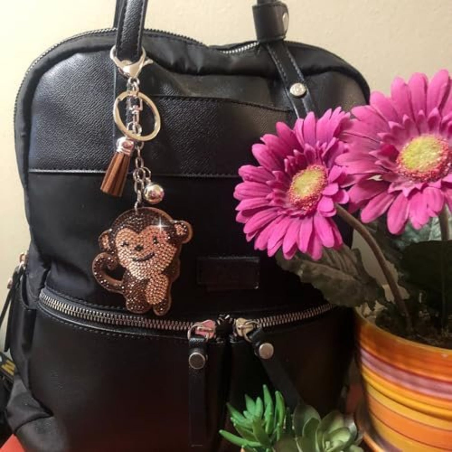 Popfizzy Brown Monkey Keychain Accessories, Animal Backpack Key Chain, Rhinestone Purse Charms for Handbags, Monkey Gifts