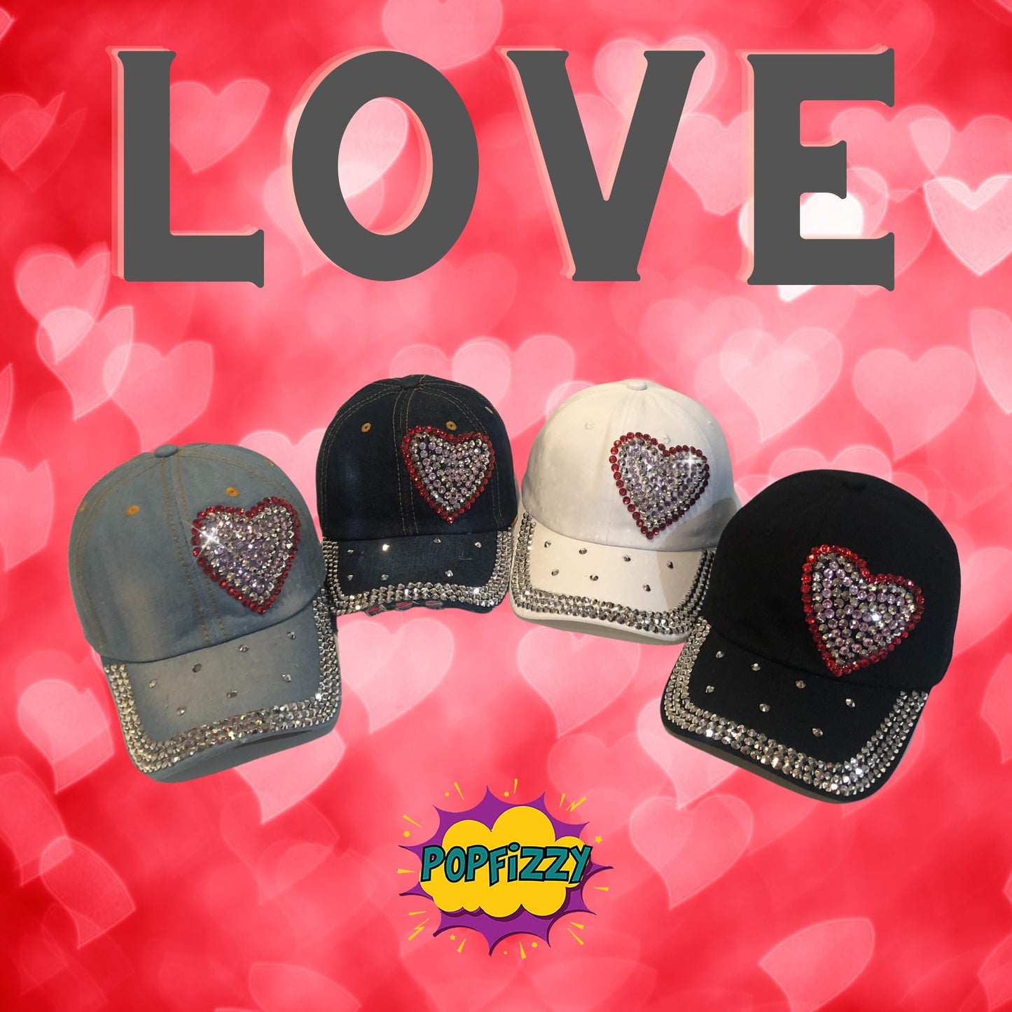 Popfizzy Heart Rhinestone Hat for Women, Trendy Bling Hats, Heart Accessories, Bedazzled Baseball Cap, Bling Gifts for Women