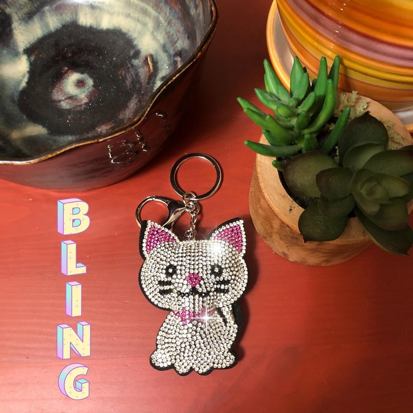 Popfizzy Pink Rhinestone Cat Keychain Accessories for Women, Cat Gifts, Purse Charms for Handbags, Bling Cat Backpack CharmsHandbags