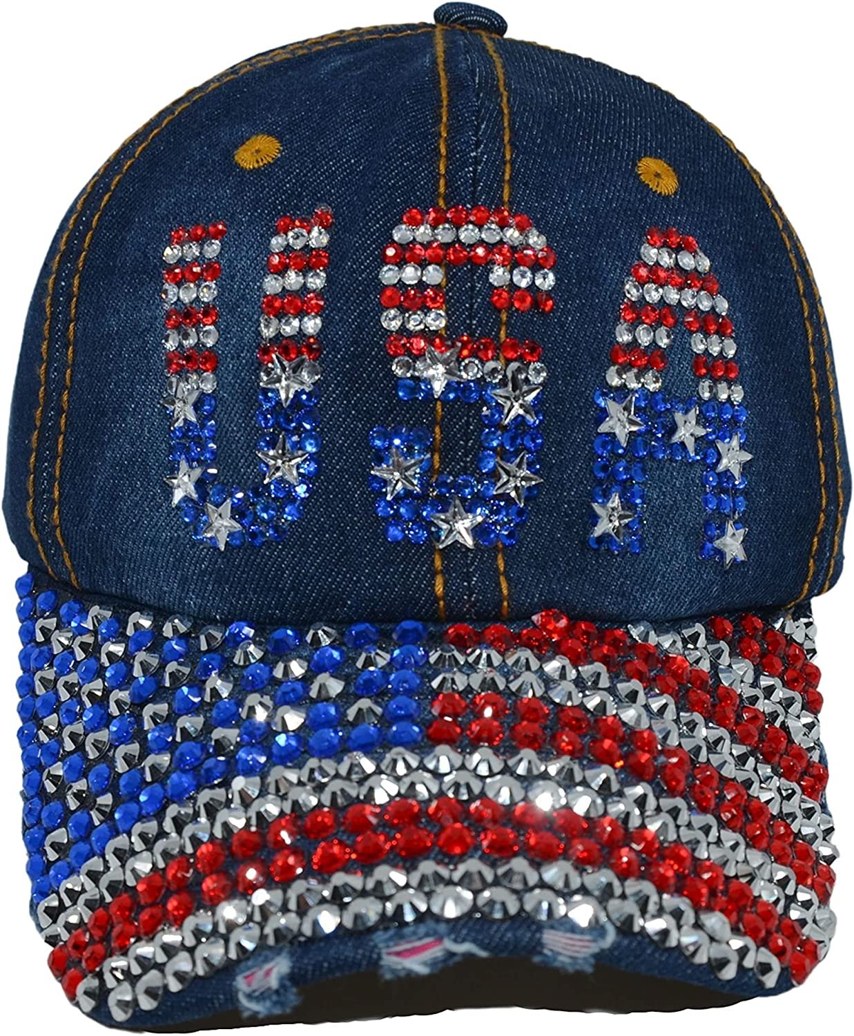 Popfizzy USA Women’s American Flag Baseball Cap Bling Rhinestone Trucker Hat