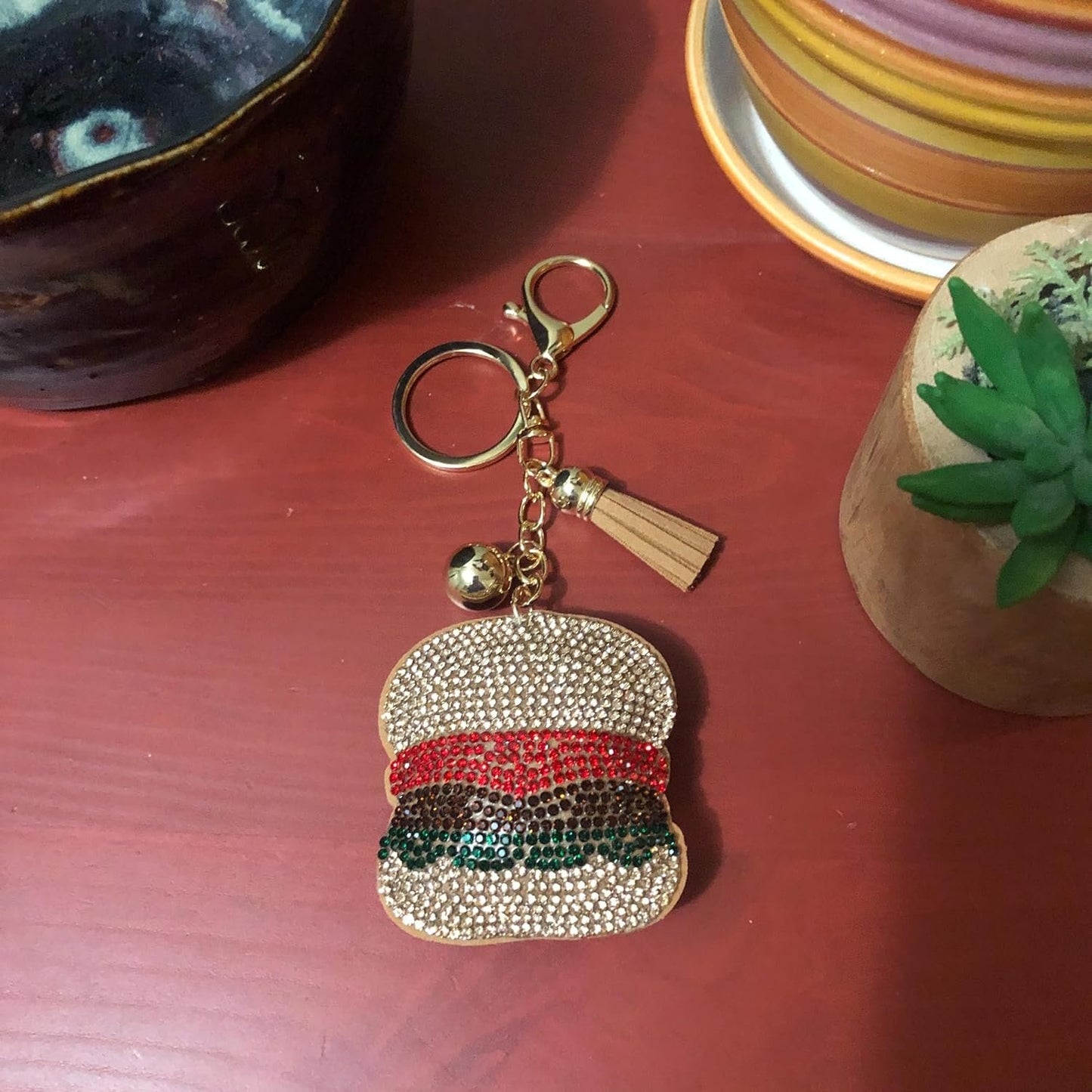 Popfizzy Bling Hamburger Keychain, Purse Charm, Backpack Charm, Crystal Bag Charms, Rhinestone Key Fob