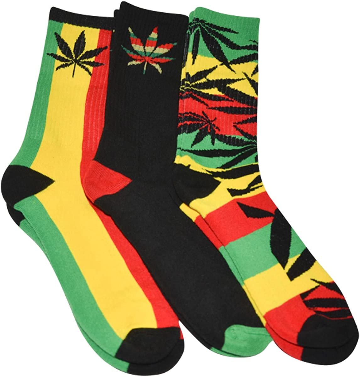 Weed Socks for Men and Women, Rasta Socks, Pot Leaf Socks, Cannabis Socks, Stoner Socks, Rasta Colors 3 Pairs, Unisex Socks Size 6-12.5
