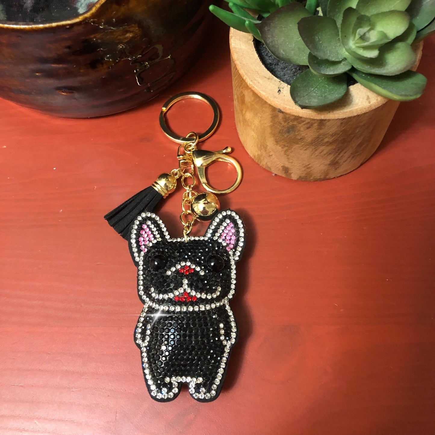 Popfizzy Handmade Black French Bulldog Keychains for Women, Rhinestone Purse Charms for Handbags, Dog Gifts for Dog Lovers
