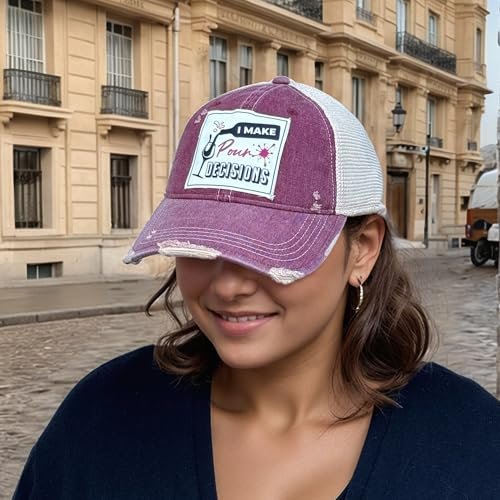 Popfizzy Funny Vintage Trucker Hats for Wine Drinkers, Adult Humor Caps, Distressed Baseball Cap (I Make Pour Decisions)