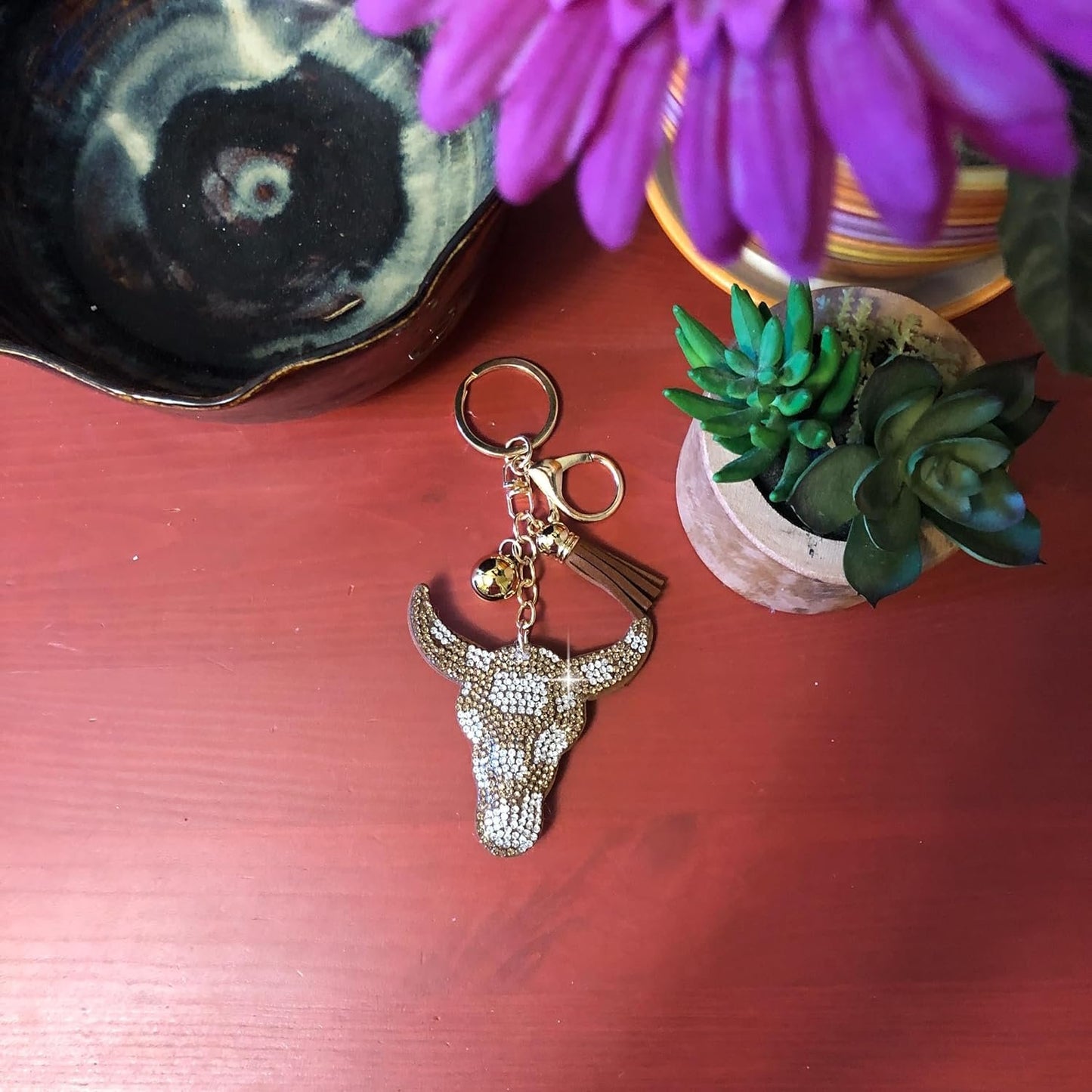 Popfizzy Handmade Bling Longhorn Keychain for Women, Western Gifts for Cowgirls, Rhinestone Bag Charm, Skull Purse Charms