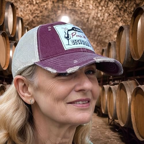 Popfizzy Funny Vintage Trucker Hats for Wine Drinkers, Adult Humor Caps, Distressed Baseball Cap (I Make Pour Decisions)