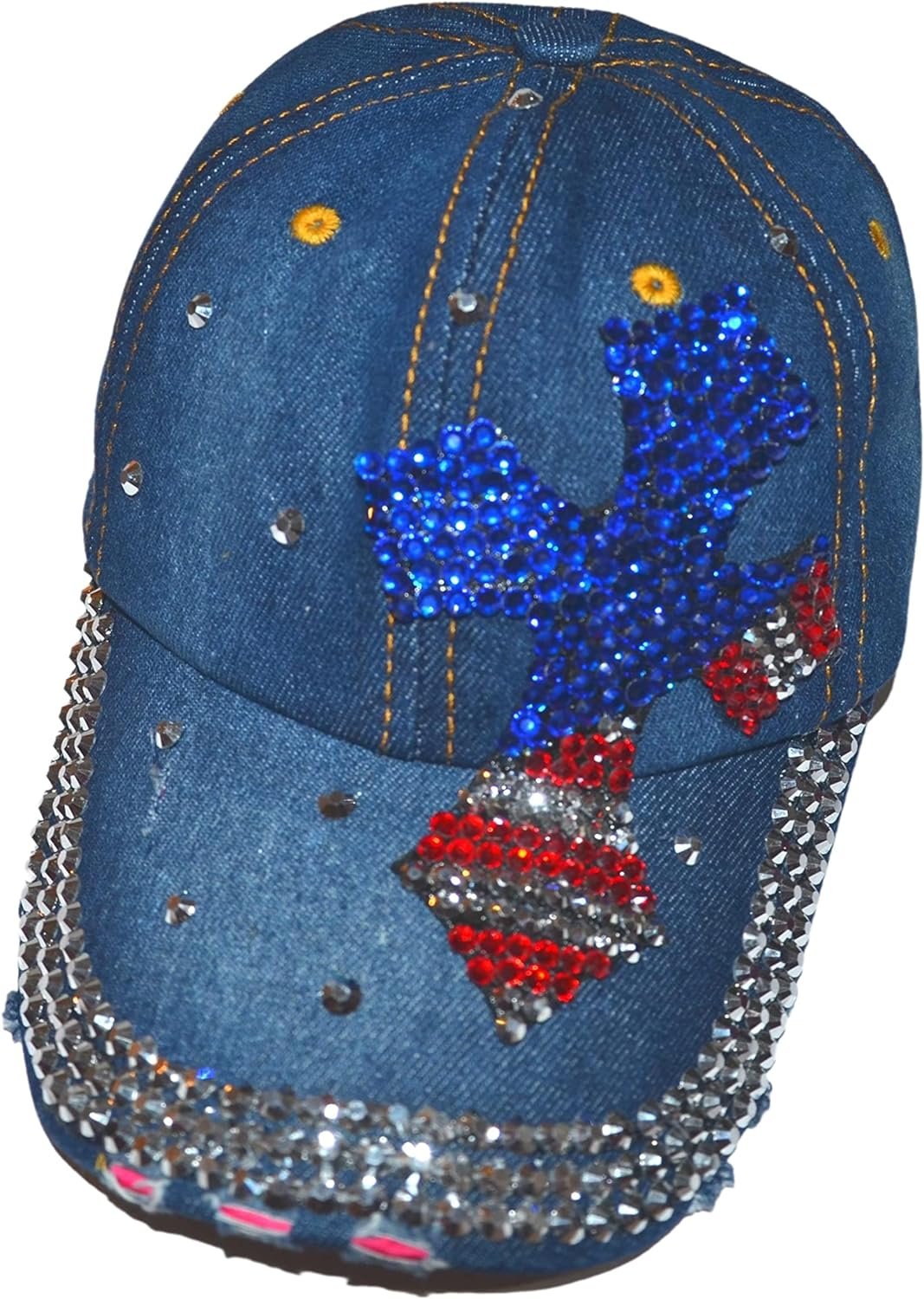 Popfizzy Women’s Red, White, and Blue Cross Hat, Bling Blue Denim Adult Baseball Hat