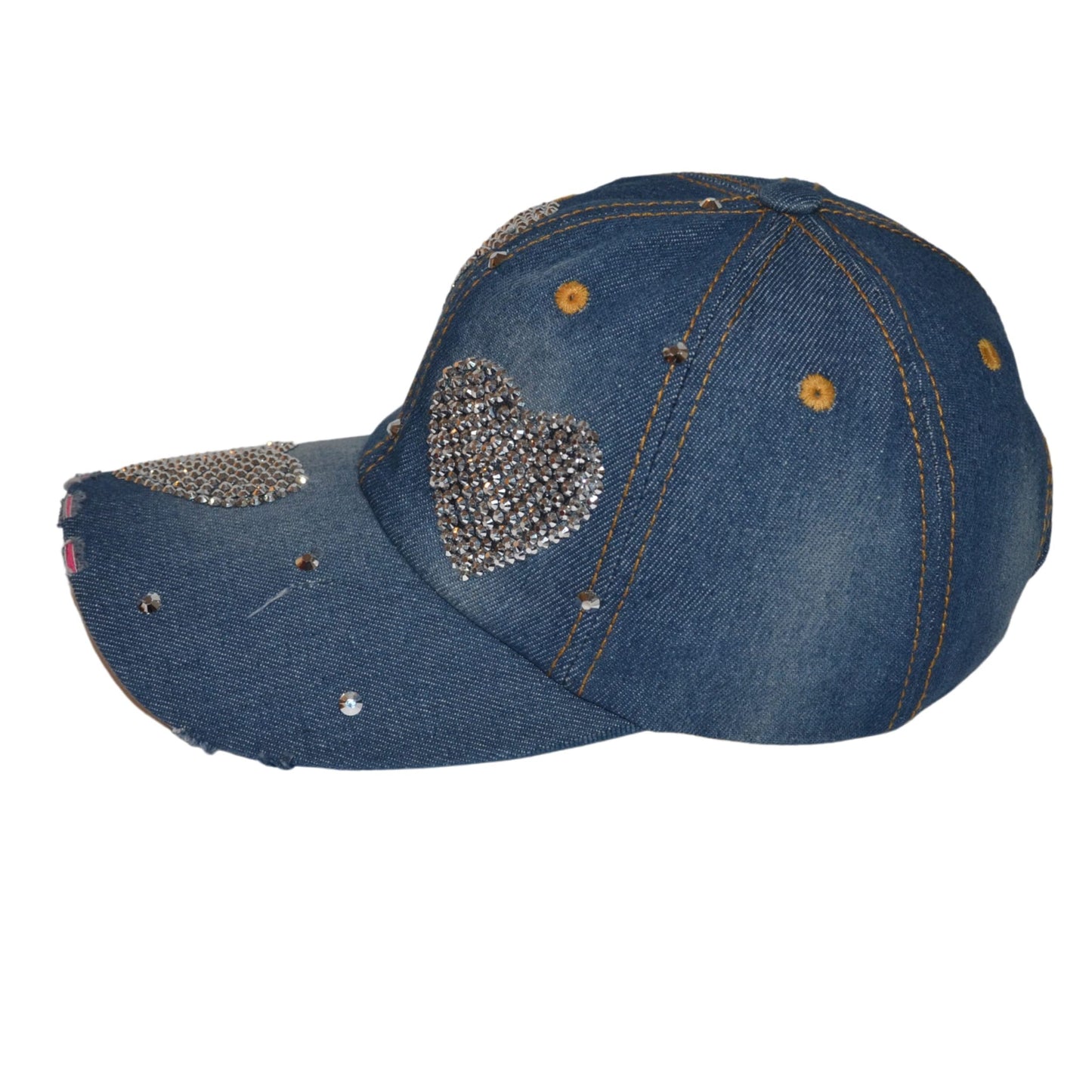 Popfizzy Bling Hat with Hearts for Women and Girls, Rhinestone Heart Hat, Bedazzled Baseball Caps, Fancy Bejeweled Hats, Distressed Denim Hat, Bling Gift for Women