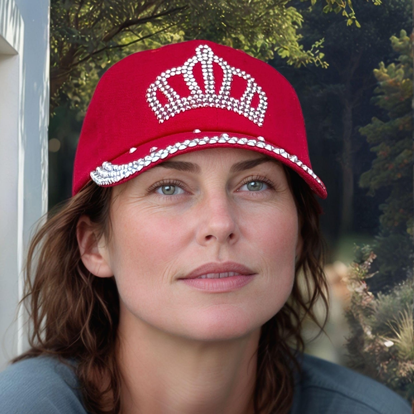 Red Rhinestone Princess Crown Hat, Sparkly Adjustable Baseball Cap for Women and Girls