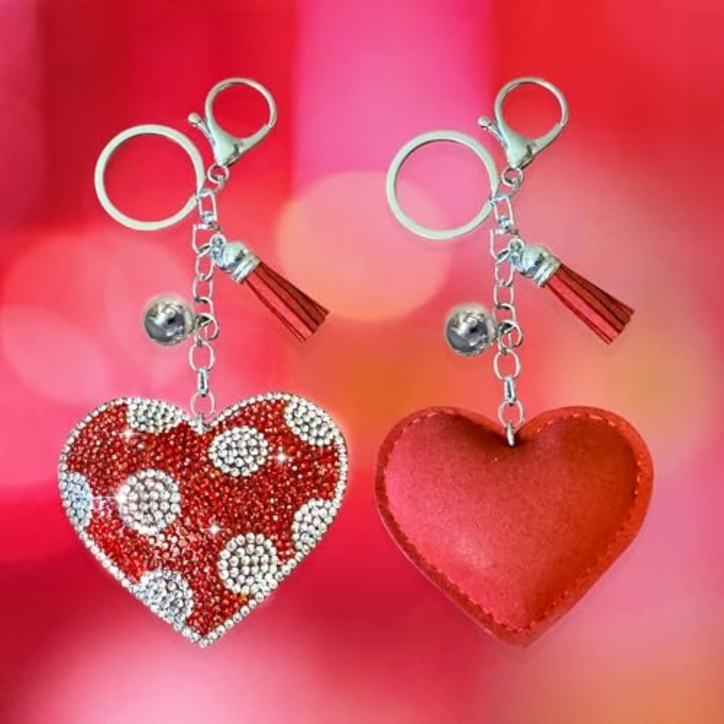 Popfizzy Red Heart Keychains for Women and Girls, Bedazzled Polka Dot Purse Charm, Bling Backpack Accessories, Heart Gifts