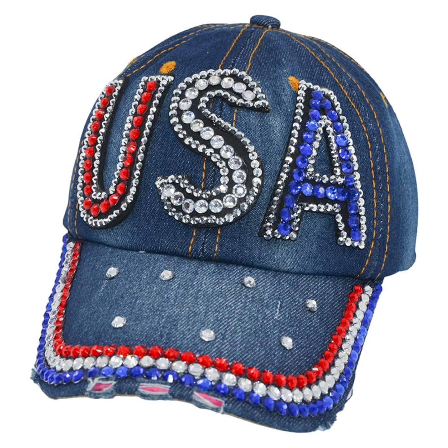 USA Hat Women’s Distressed Bling Rhinestone Patriotic Baseball Cap