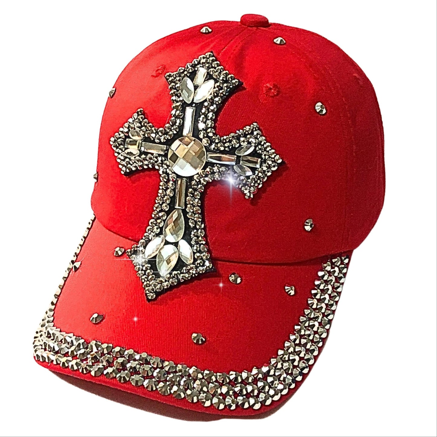 Popfizzy Bedazzled Cross Hat for Women, Rhinestone Hat with Cross on It, Bling Christian Hats, Bling Gifts for Women (Red)