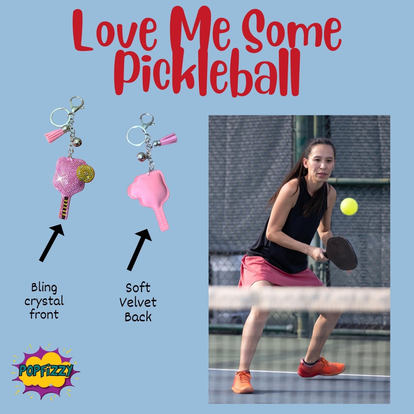 Popfizzy Pink Pickleball Keychain for Women, Rhinestone Purse Charm