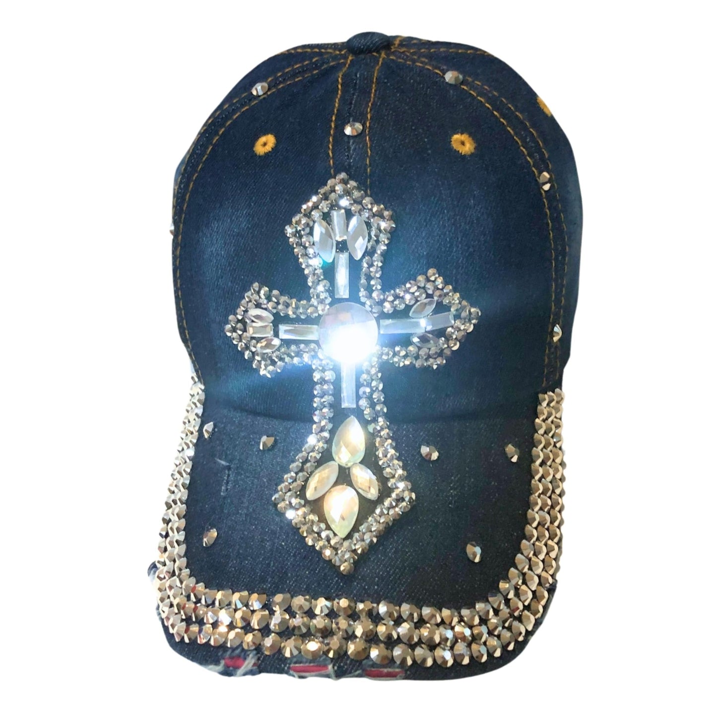 Popfizzy Bedazzled Cross Hat for Women, Rhinestone Hat with Cross on It, Bling Christian Hats, Bling Gifts for Women (Denim)