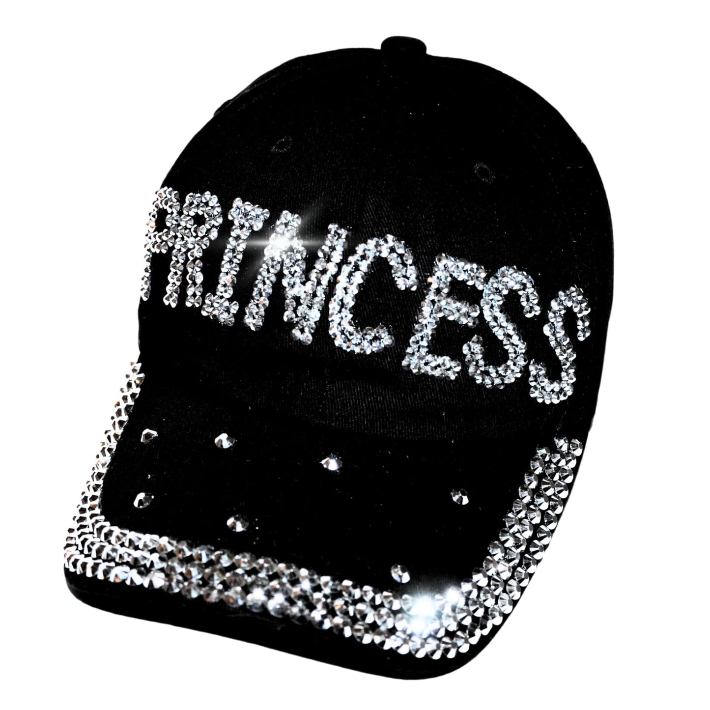 Popfizzy Rhinestone Princess Baseball Cap for Women and Girls, Bling Gift for Princess, Cute Black Bedazzled Hats (Princess)